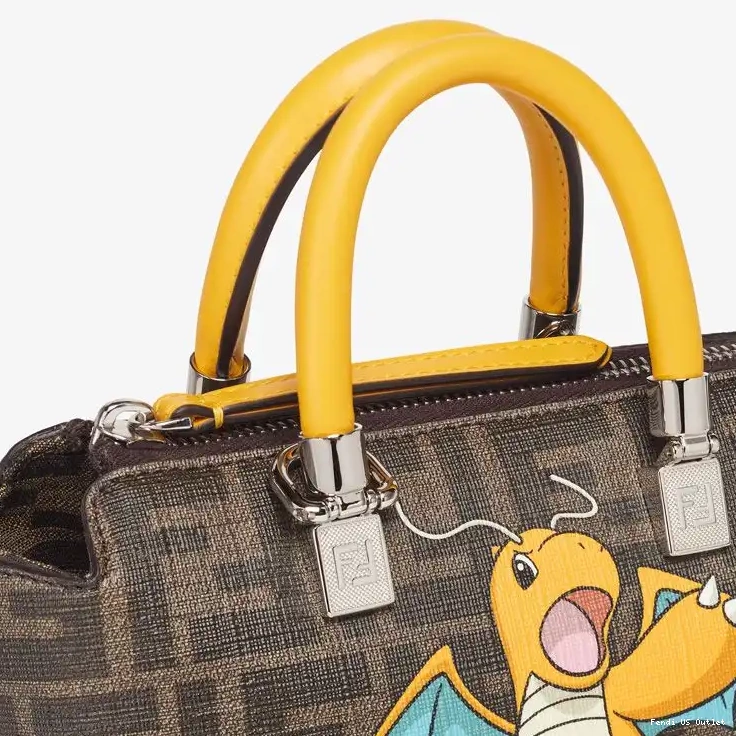 Vintage HOT Boston Way In Pokmon The By Motif Fabric Brown Dragon Bag FF Fendi Yellow Mini 0511